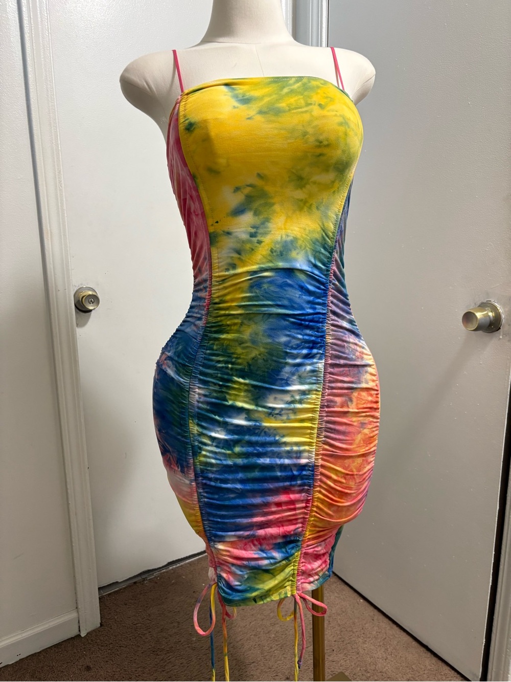 Heart Hips Yellow Multi Tie-Dye Ruched Midi Dress